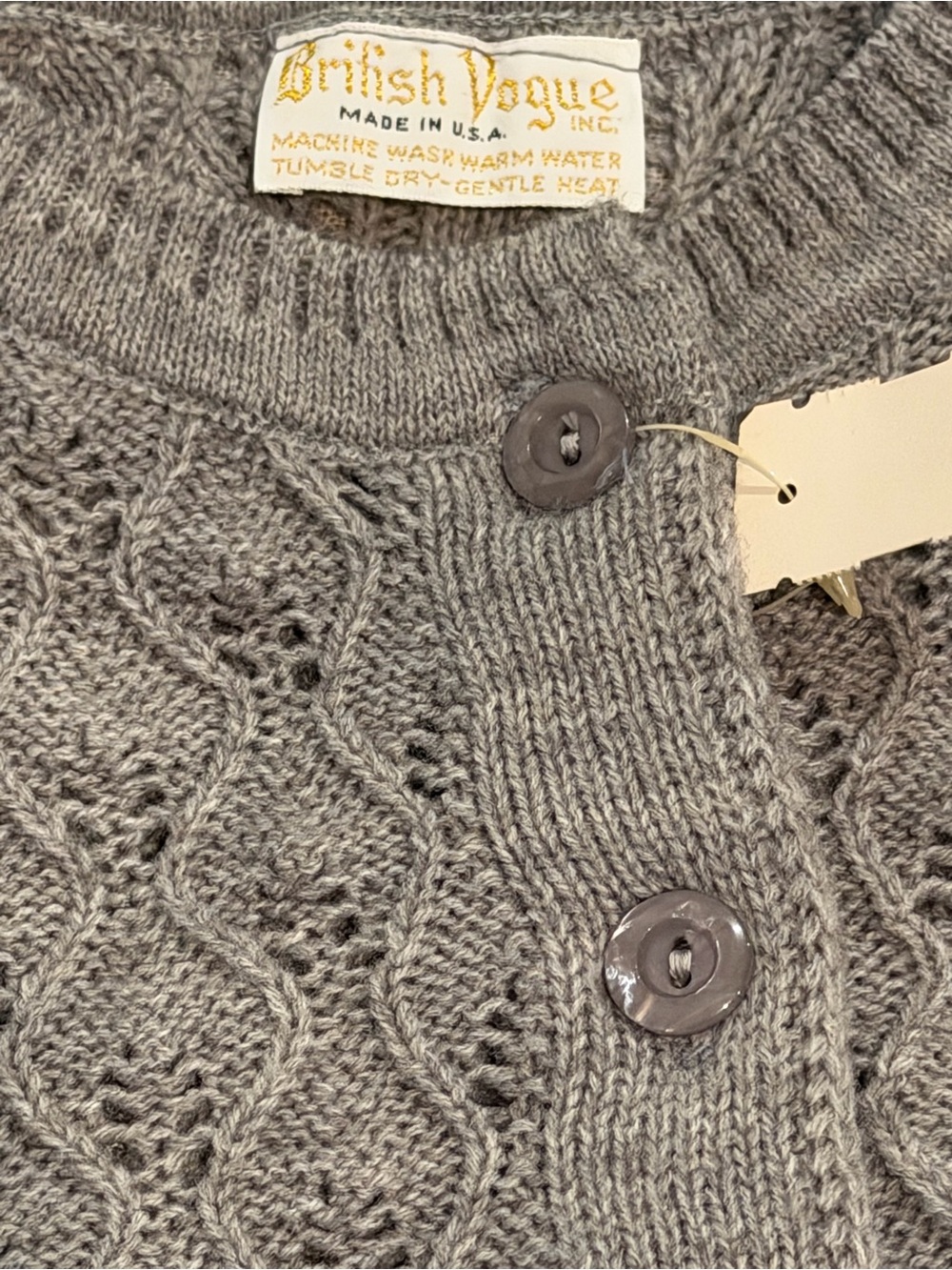 Vintage British Vogue Gray Pointelle Cardigan XL Made in USA - Picture 3 of 6